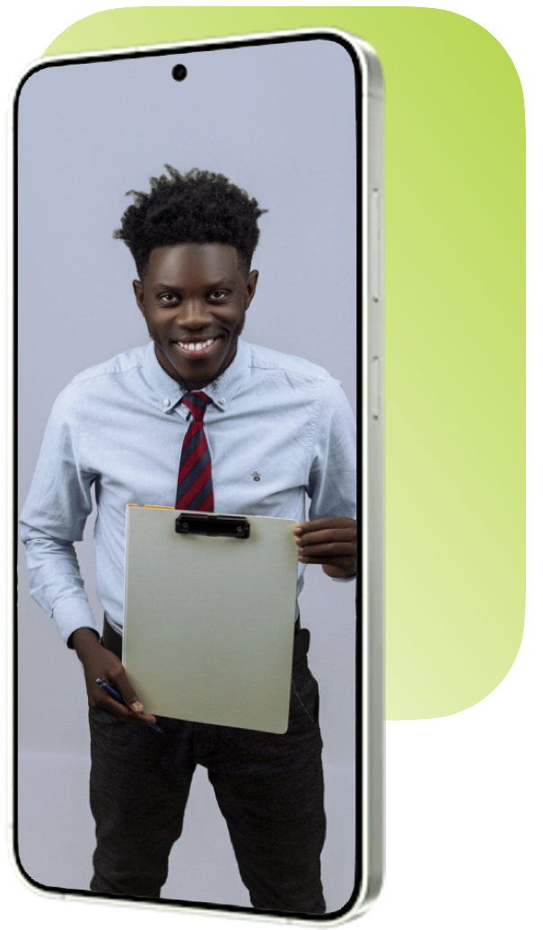 A man in business attire appears on a smartphone screen holding a clipboard.