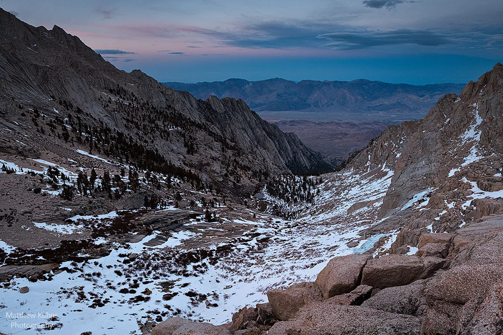 Sunset looking down the Mountaineers Route with Boyscout Lake and Alabama Hills in the distance.