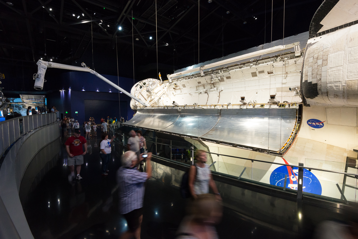 The viewing platform wraps around the orbiter offering great views. The doors are too fragile to open in Earth gravity so were supported by cables to prevent damage.