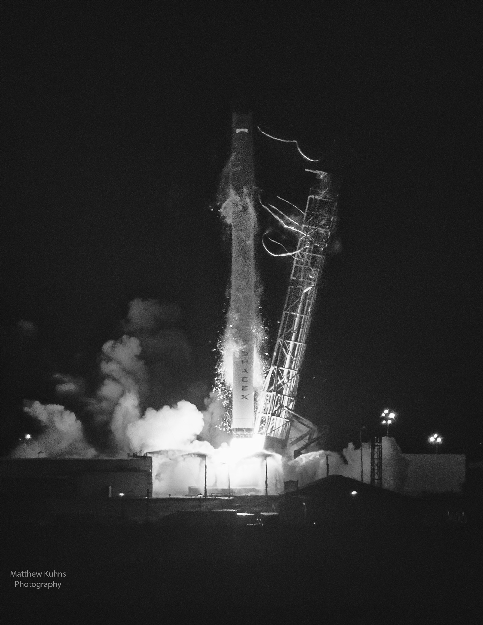 Ignition! The umbilicals start to separate and the Falcon 9 takes flight.