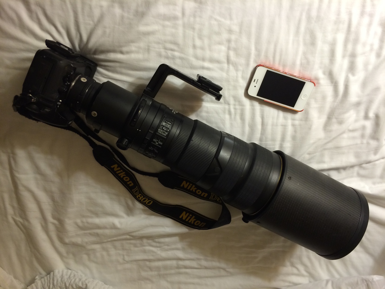 Tools of the trade. Nikon D800 with Nikon 500mm f/4 lens and a 1.4x teleconverter making it 36 MP at 700mm f/5.6 for tonight's launch! I-Phone for scale. 