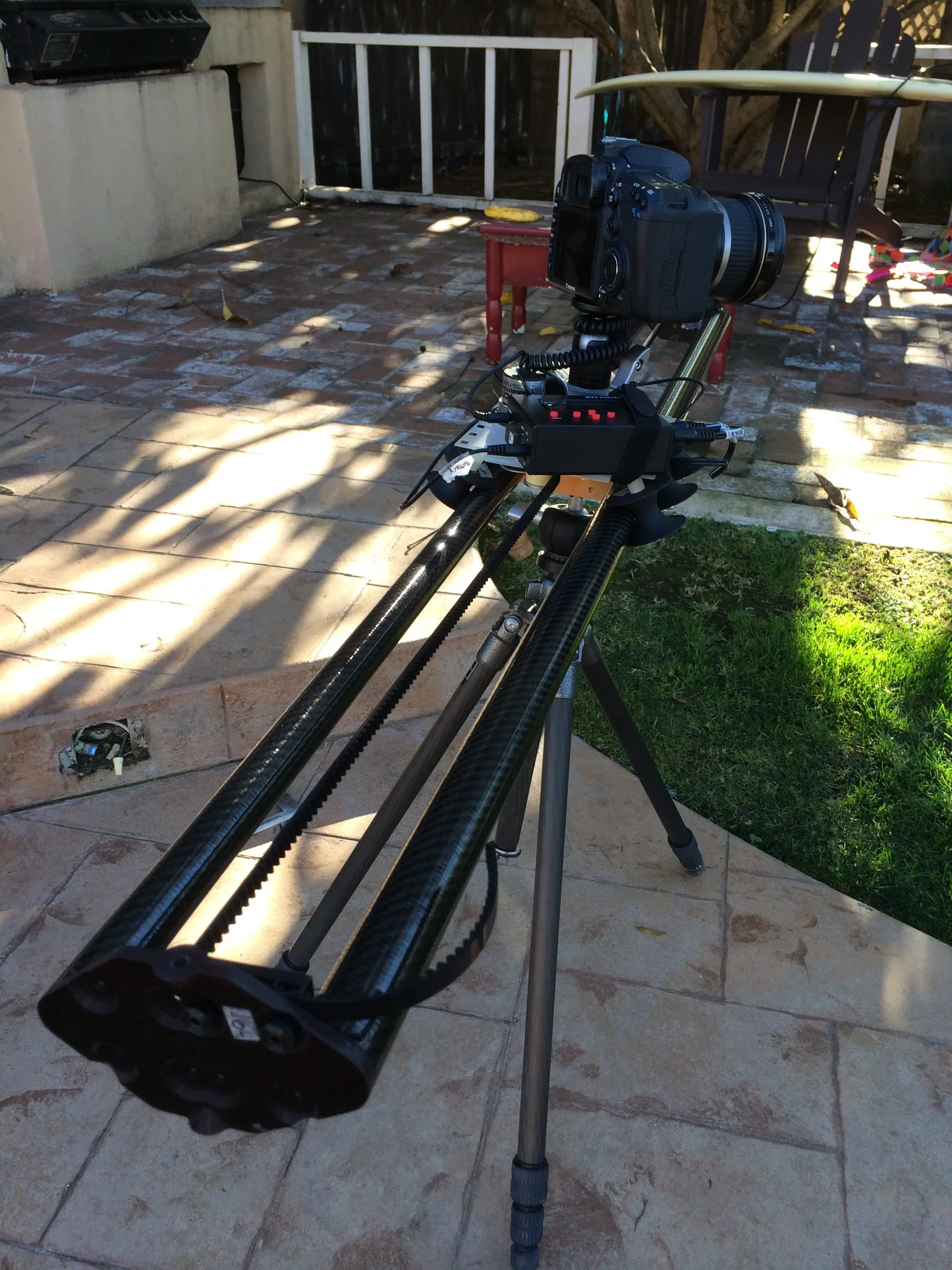 The dolly system with 4 ft of track and a Canon 5D undergoing some testings.