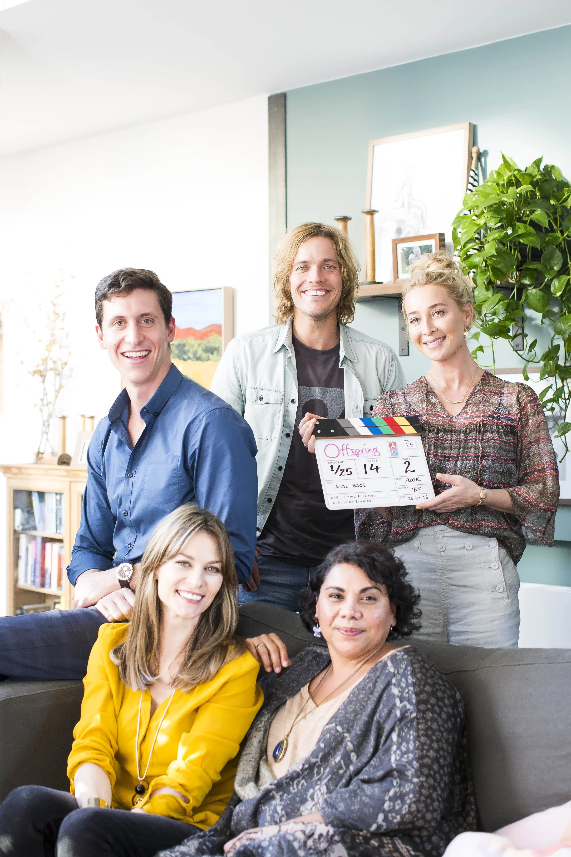 Offspring cast - TJ Power, Richard Davies, Asher Keddie. Seated - Kat Stewart, Deborah Mailman Image - supplied