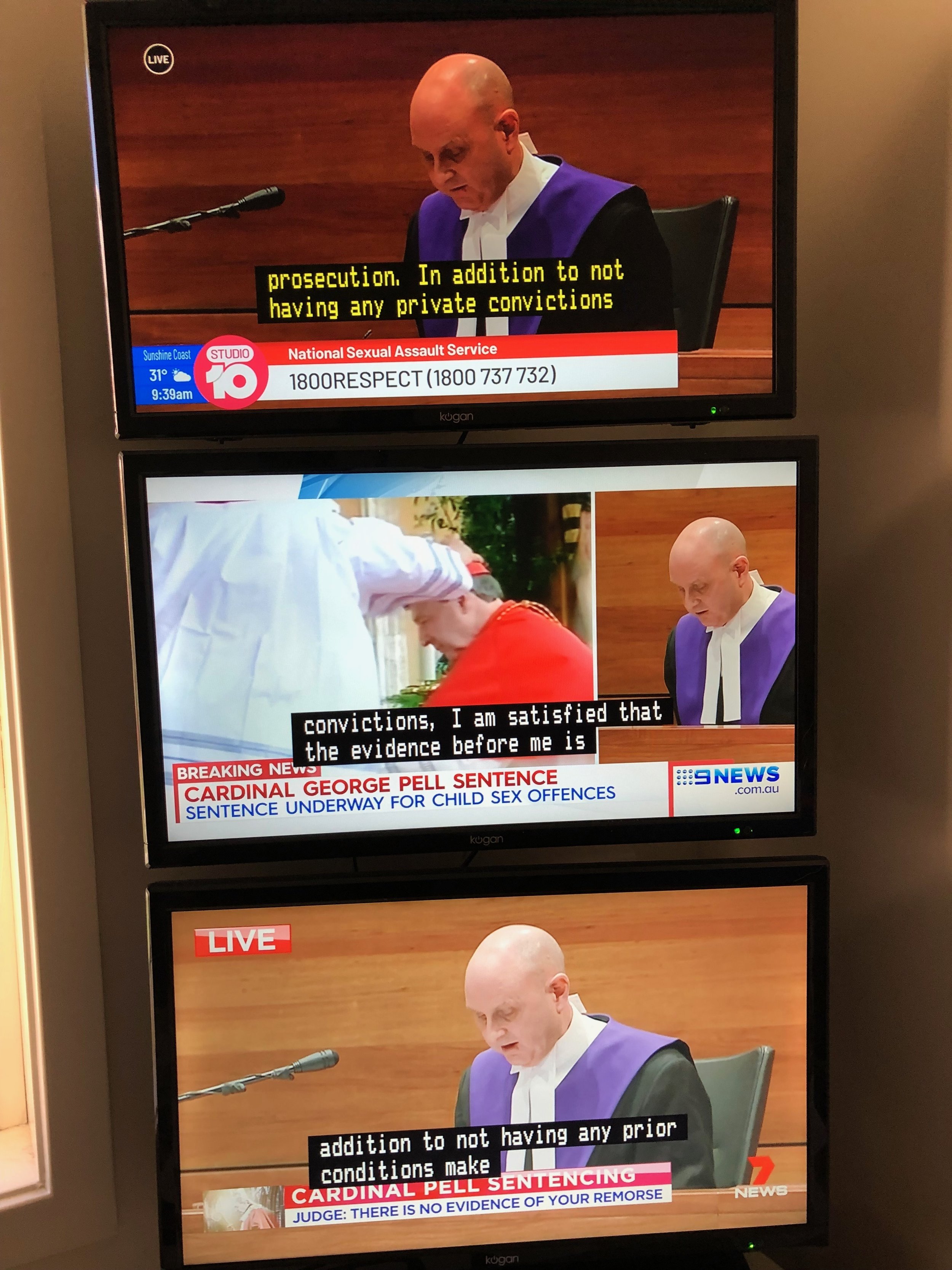   A view of the commercial TV coverage of the George Pell sentencing in the  McKnight Tonight  studio.  