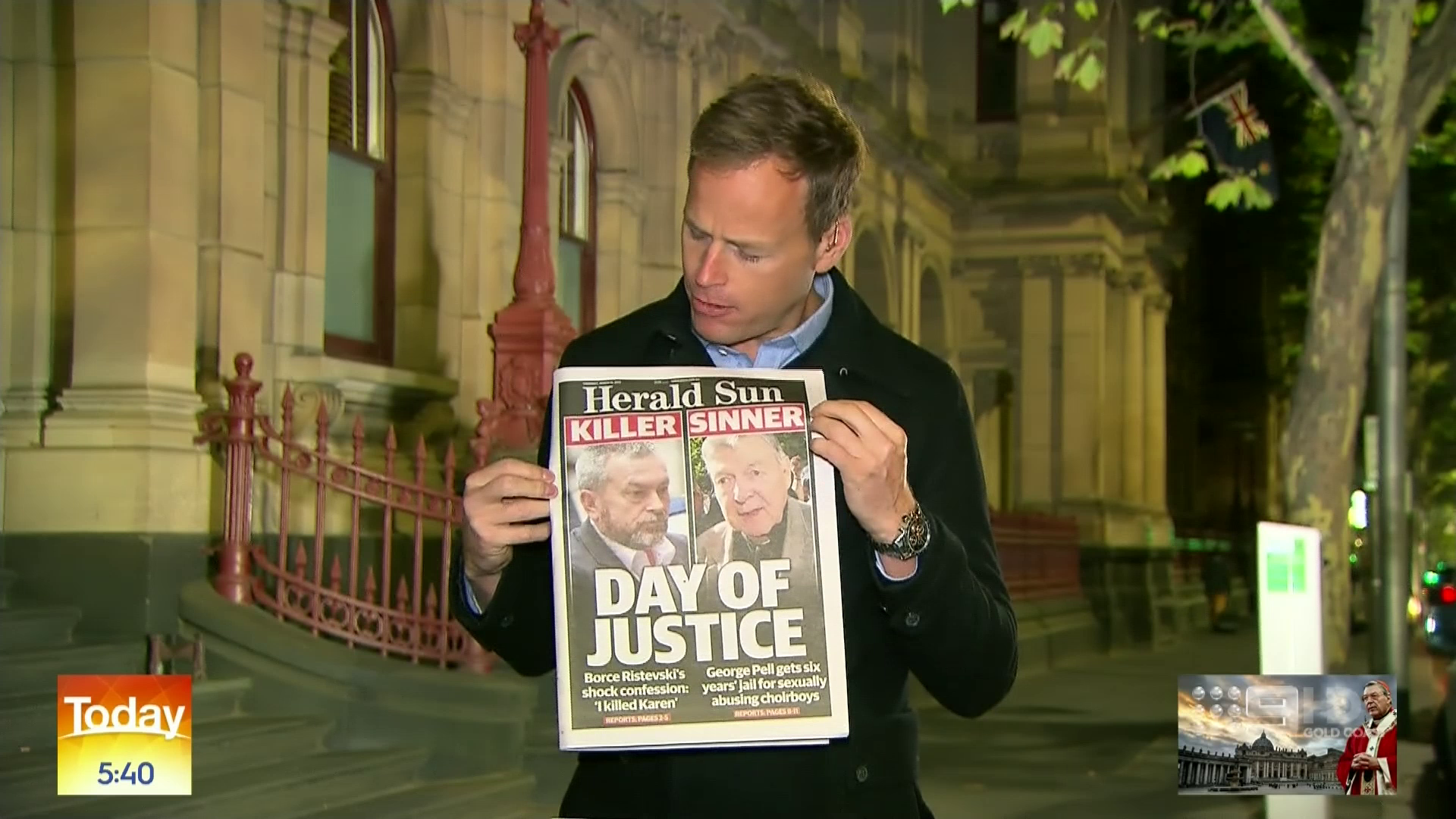   Tom Steinfort came under fire for reporting live from a court house after George Pell was sentenced almost 24 hours earlier.  