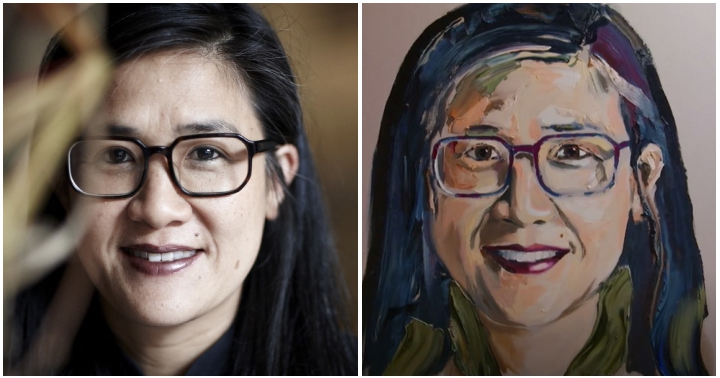   Left - The original photo of Kylie Kwong taken by photographer Toby Burrows in 2012. Right - The 2019 portrait of Kylie Kwong as painted by Anh Do.  