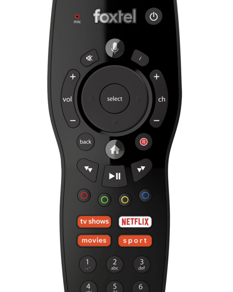   The new Foxtel remote featuring Netflix and Voice Search button.  