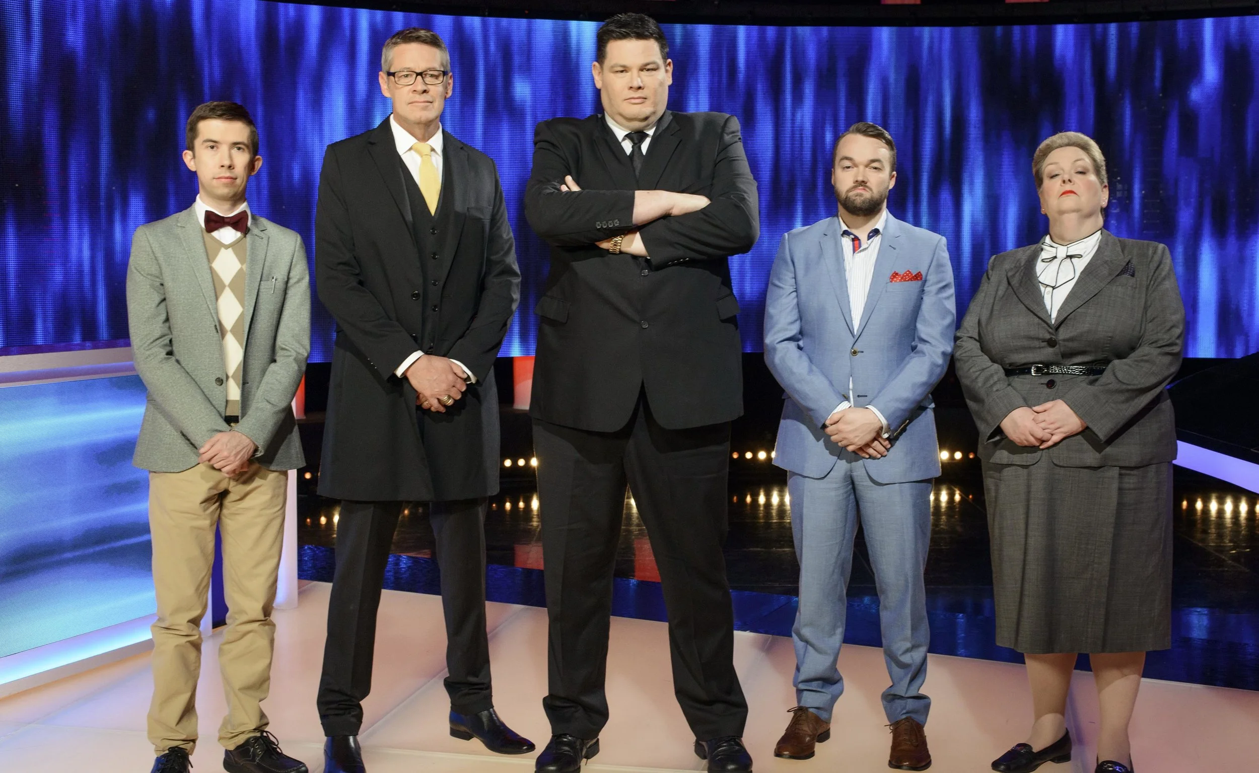 The Chaser’s (from left) - Issa ‘The Supernerd’ Schultz, Matt ‘Goliath’ Parkinson , Mark ‘The Beast’ Labbett, Brydon ‘The Shark’ Coverdale , and Anne ‘The Governess’ Hegerty . image - Seven