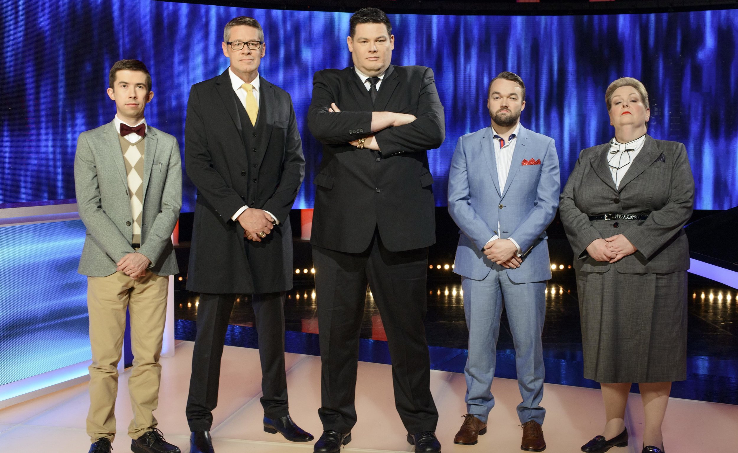   The Chaser’s (from left) - Issa ‘The Supernerd’ Schultz, Matt ‘Goliath’ Parkinson ,  Mark ‘The Beast’ Labbett,   Brydon ‘The Shark’ Coverdale ,  and Anne ‘The Governess’ Hegerty . image - Seven 