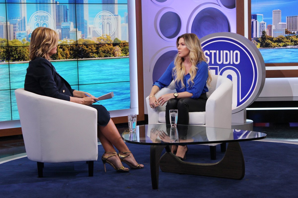   Mercedes Corby  being interviewed by  Sarah Harris  on  Studio 10  in 2017  PHOTO: 10 