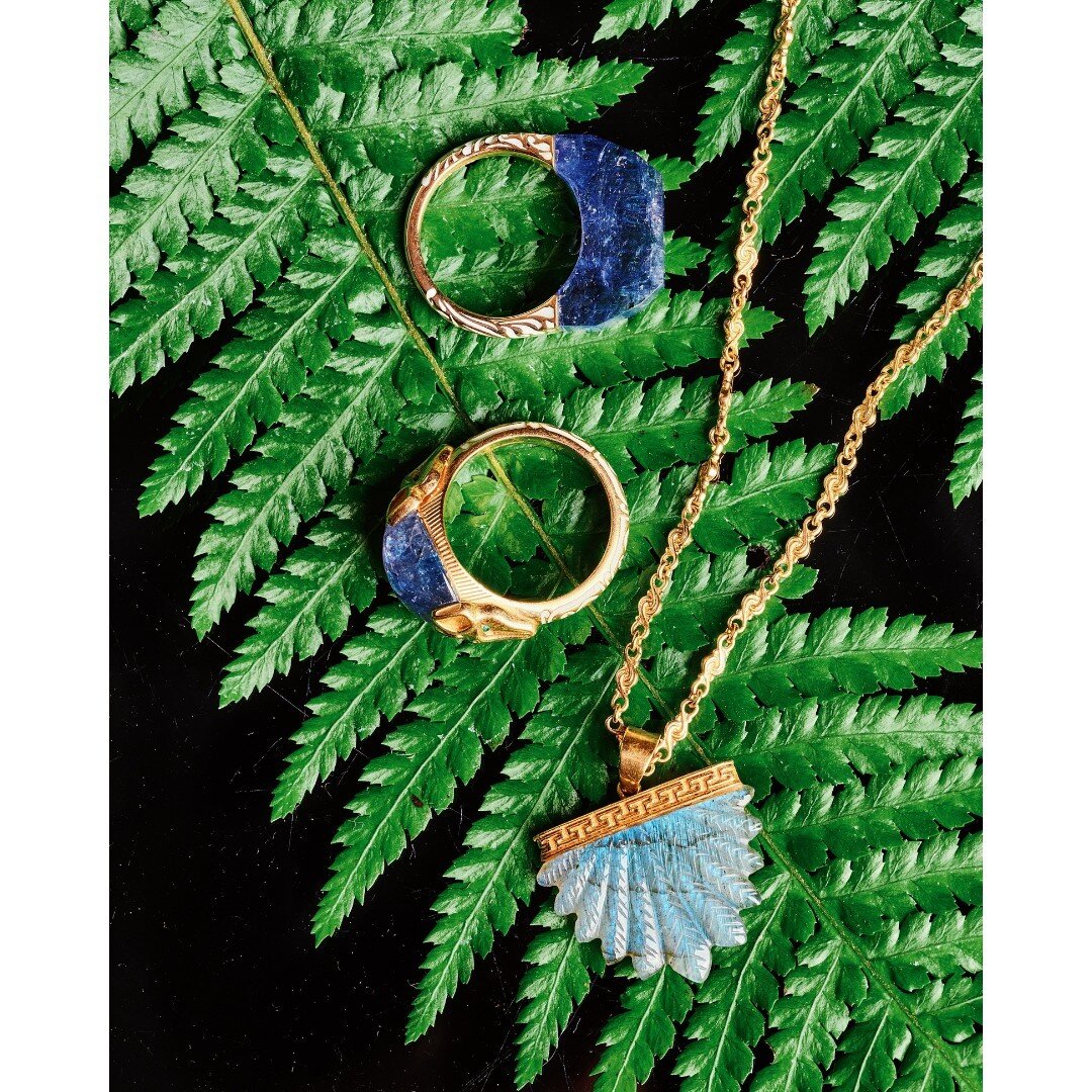 Hand carved labradorite feather necklace, tanzanite cabouchon koyote ring and thin tanzanite neverending ring all in 18k yellow gold​​​​​​​​
​​​​​​​​
For all enquires please email us at sales@jadejagger.com