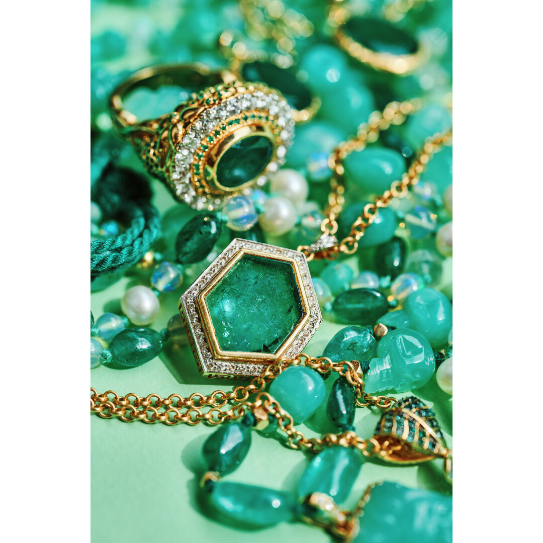 Emerald and diamond skull cocktail ring in 18k yellow gold, emerald and diamond hexagon necklace in 18k yellow and other greens in stock now.​​​​​​​​
​​​​​​​​
For enquires please email us at sales@jadejagger.com