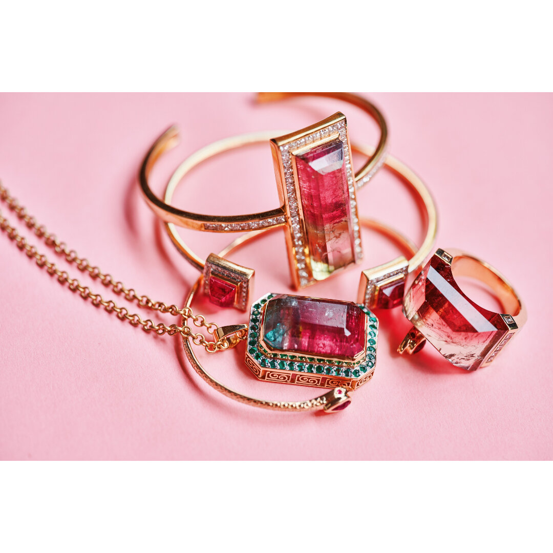 Bi-colour Tourmaline pieces in 18k yellow gold. For more details email us at sales@jadejagger.com