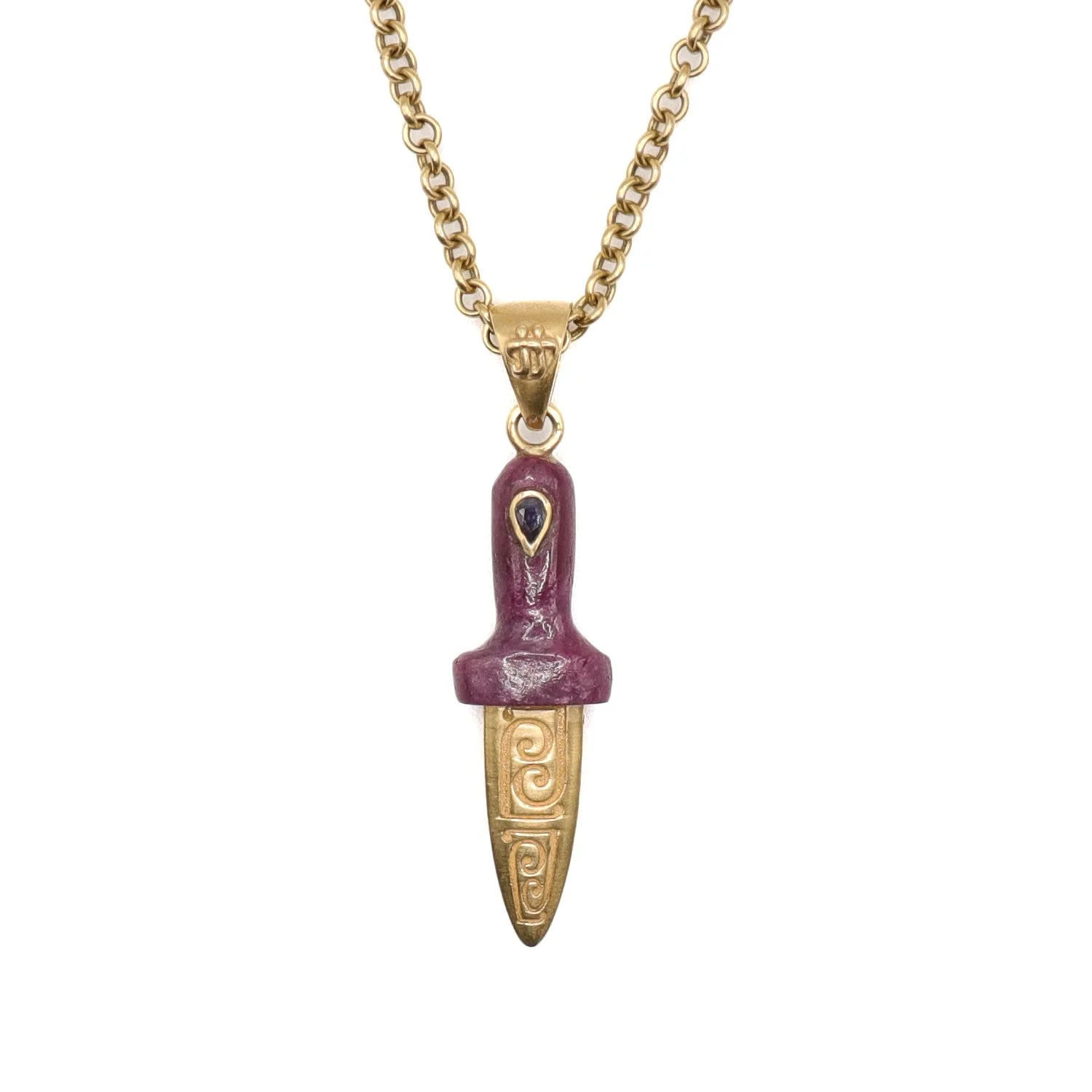 Dagger necklace with ruby and inlayed sapphire in 18k yellow gold