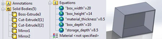 Parametrically modeled box with 5 solid bodies driven by global variables.