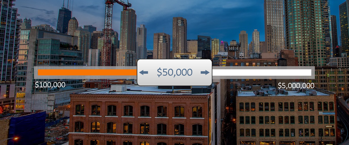 graphic with apartment buildings in the background and a slider showing real estate values.