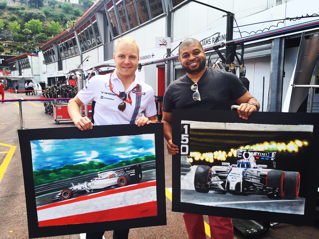 Bottas with his commissioned watercolors