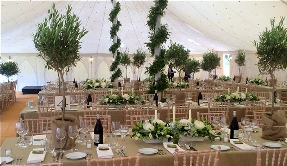 Foliage garlands spiralled the marquee poles while Olive trees and long wooden boxes stuffed with Hydrangeas, Peonies, Roses and Spirea dressed the tables.