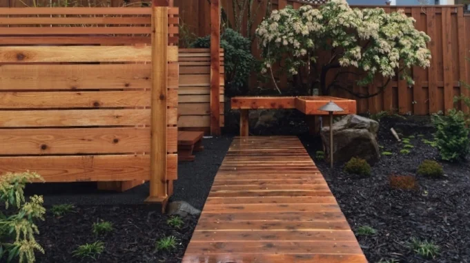  Juniper boardwalk through an on-sen garden. 