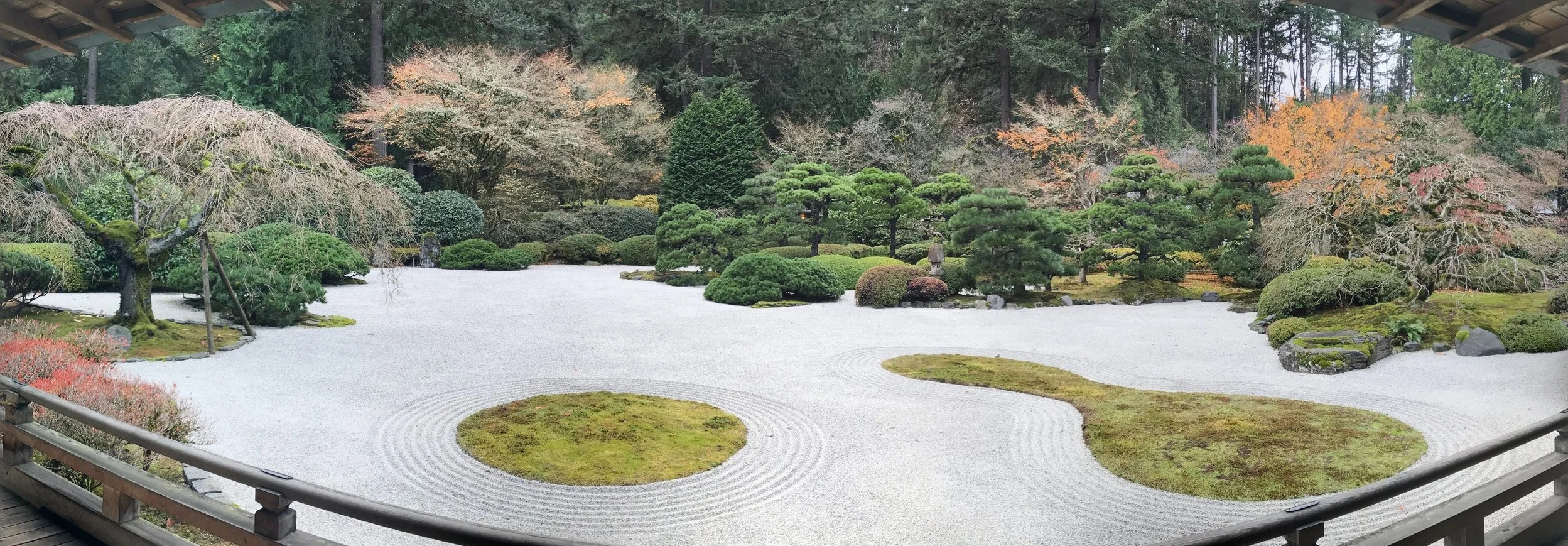 Panoramic image of the “Flat Garden” at Portland’s Japanese Garden.