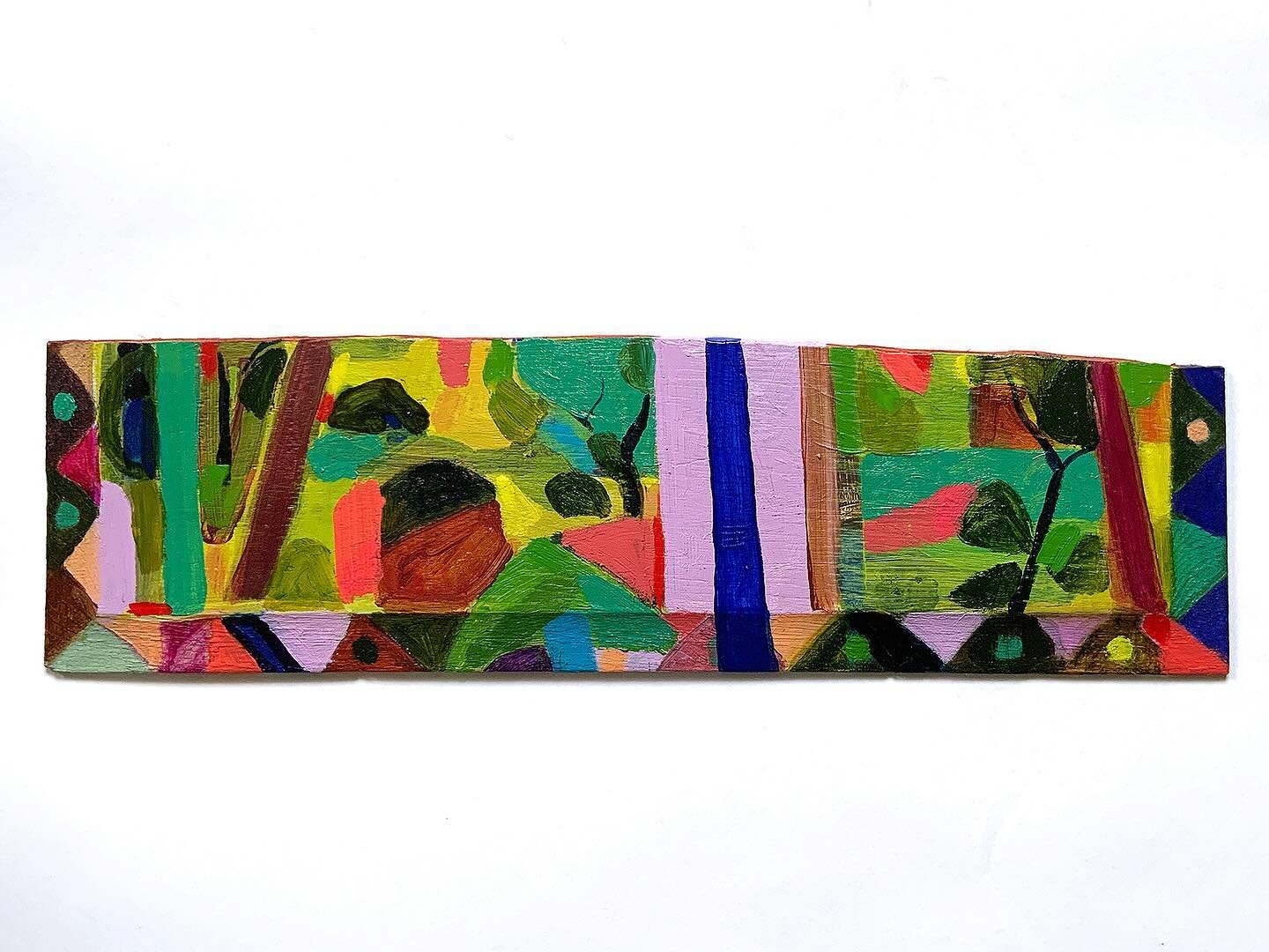 Woodland. Oil and acrylic on found wood. 50 x 14 cm. May or may not be finished with it.