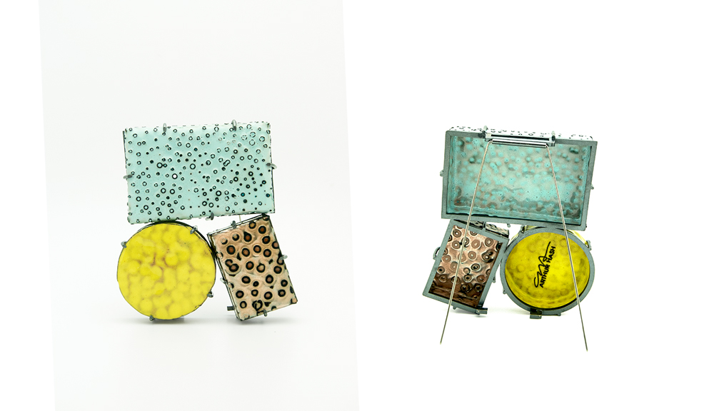 Copper, enamel, stainless steel and sterling silver
