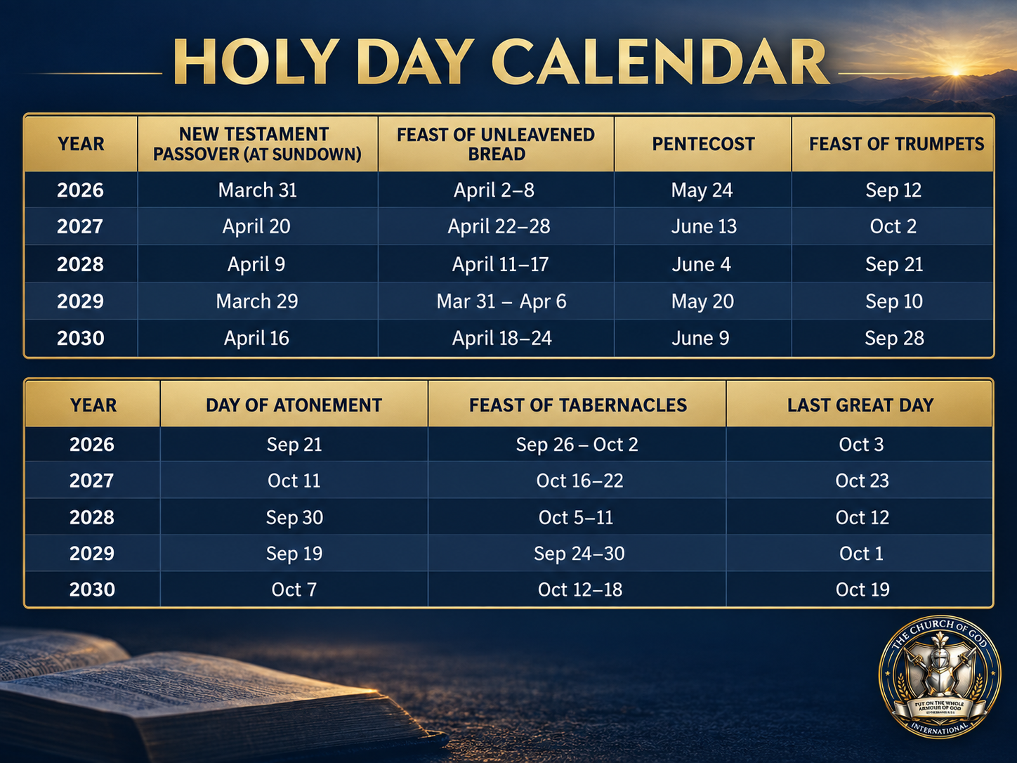 2026 biblical Holy Day calendar listing the observance dates for Passover, Unleavened Bread, Pentecost, Trumpets, Atonement, and Tabernacles.