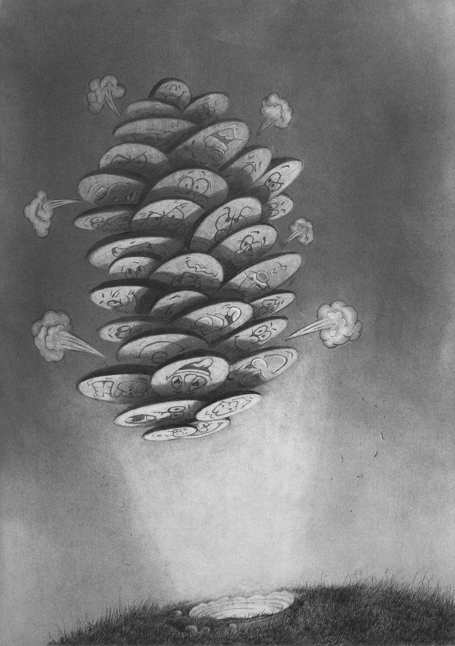 AS IF BY MAGIC, LEPRECHAUN PELLETS FROM THE BUMHOLE OF THE WORLD . pencil, graphite powder on paper . 420 x 297 mm
