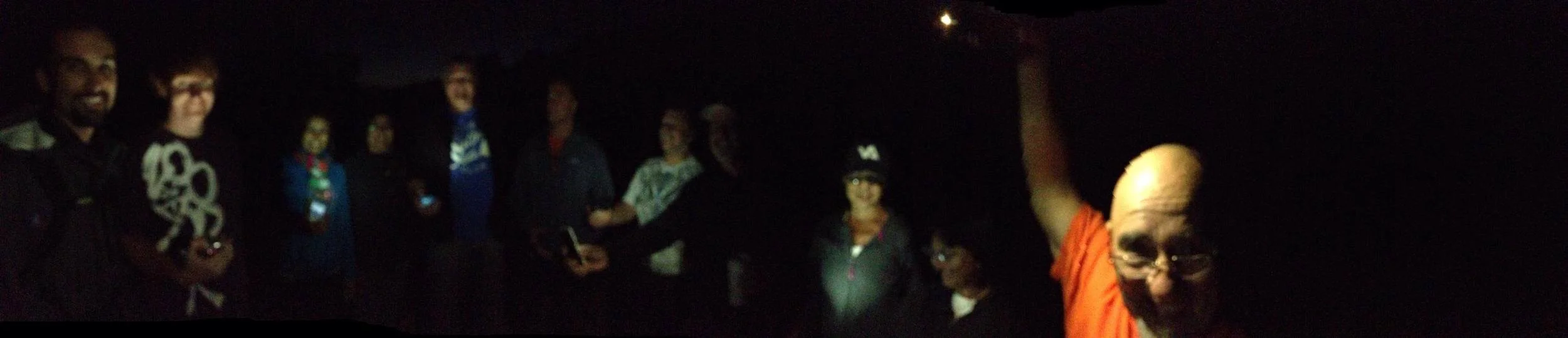 Panoramic shot of our prayer meeting in the dark at Mission la Purisma in Lompoc tonight
