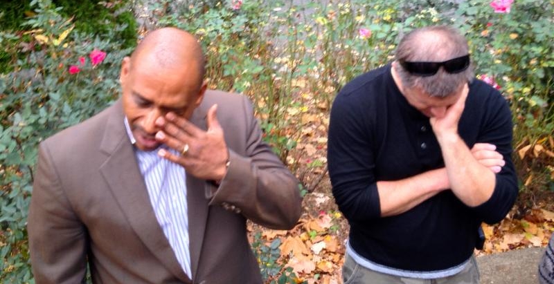 Bishop Ray Motts and Kevin praying in New Rochelle, NY (Boston-NYC Prayerwalk)