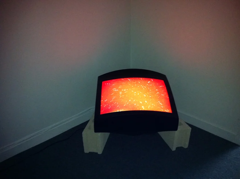 Espacio Sideral, 2012, CRT TV with resin, on cinder blocks playing 'Espacio' a 17 min. video loop.