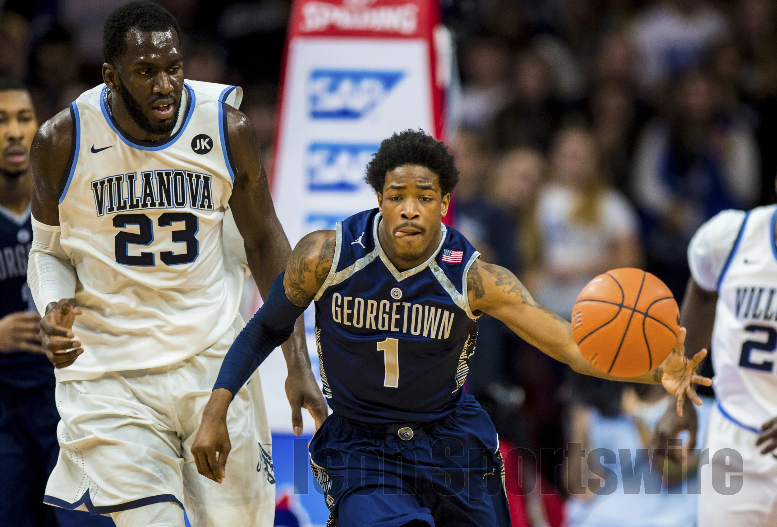 7 Feb 2015: Georgetown Hoyas guard Tre Campbell (1) snares the ball and charges up court during the NCAA men's basketball game between the Georgetown Hoyas and the Villanova Wildcats played at the Wells Fargo Center in Philadelphia, PA