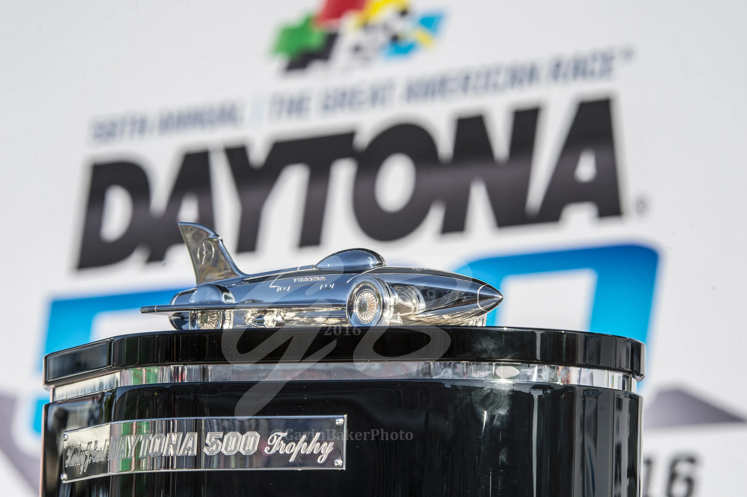 The Prize! The wining trophy for the Daytona 500 waits in Victory Lane for the best driver of the day to come and claim it.