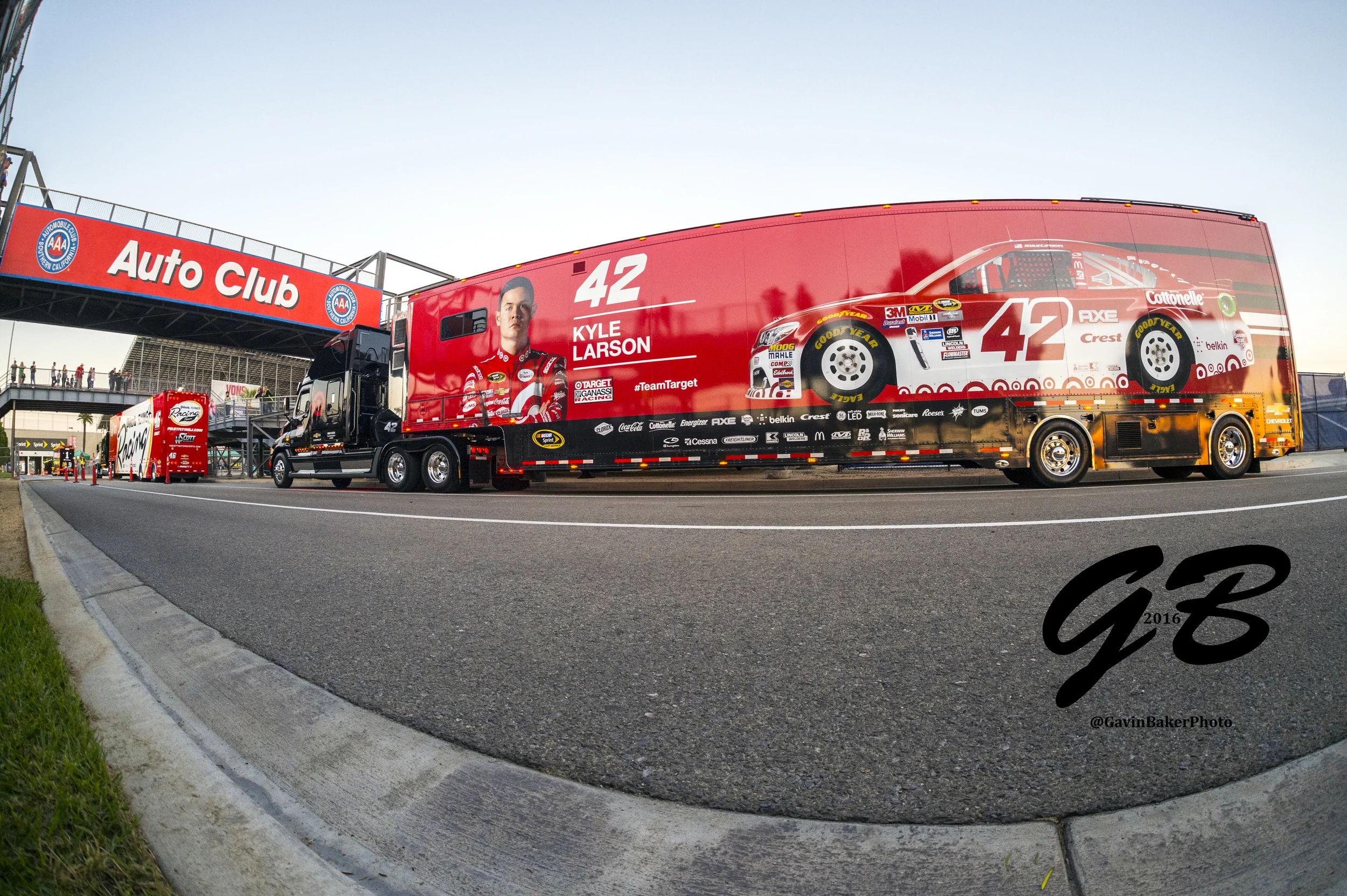 The #42 Chip Ganassi Racing hauler for Kyle Larson makes its way into Auto Club Speedway
