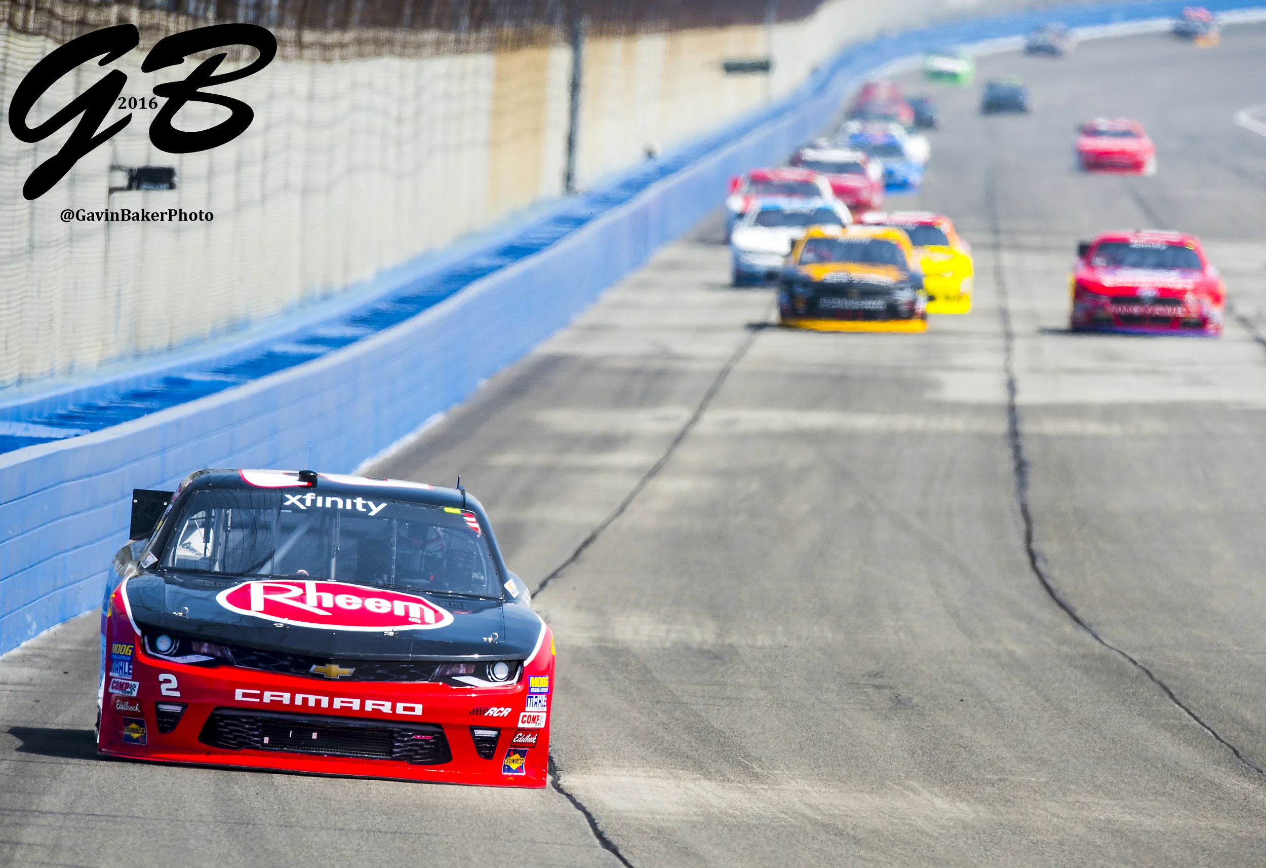 Austin Dillon leads the pack in the Rheem Chevy during the NASCAR Xfinity Series 300 at the Auto Club Speedway in Fontana, CA.