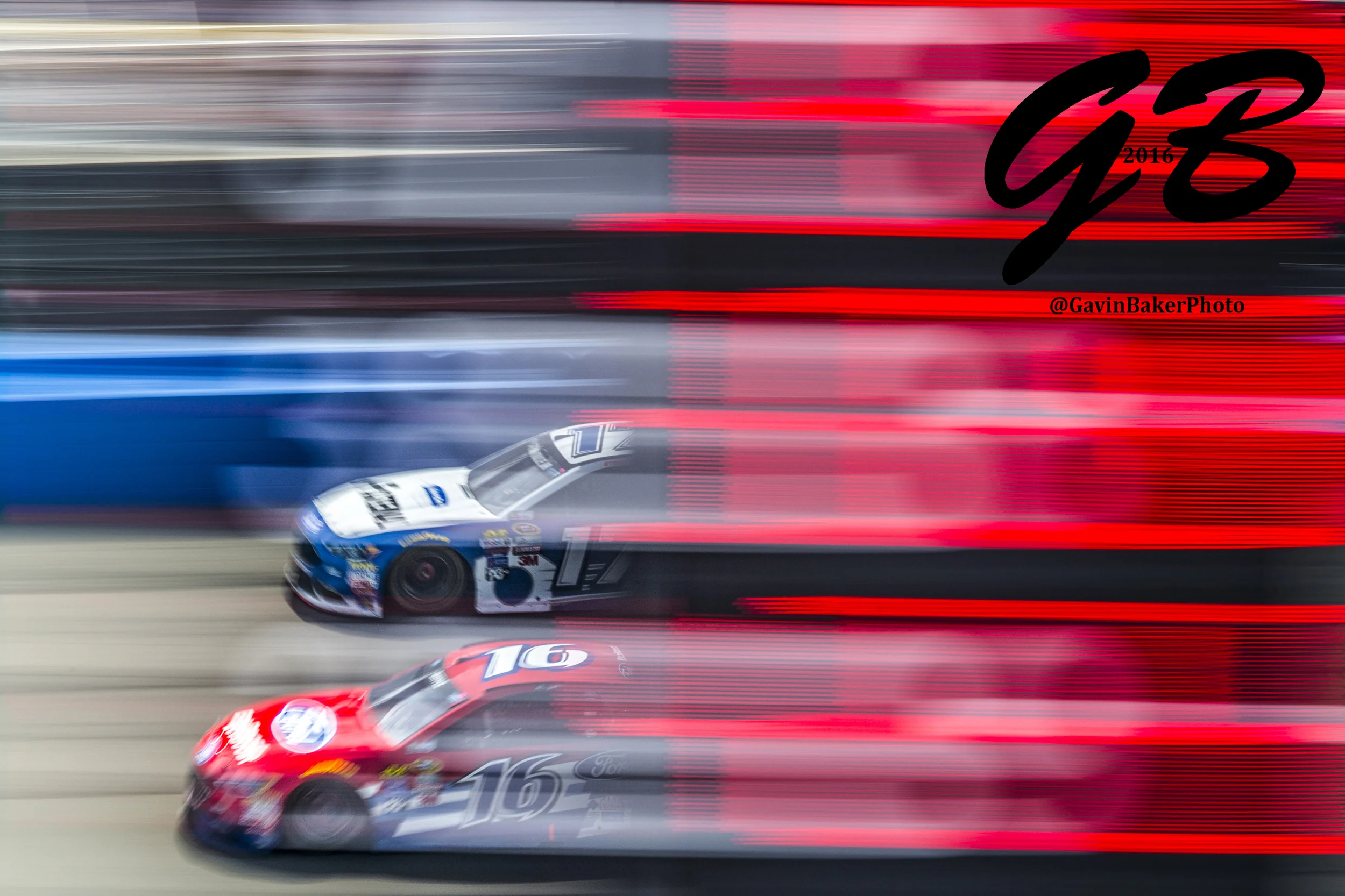 Ricky Stenhouse Jr (#17) and Greg Biffle (#16) race down the front straight during the Auto Club 400 in Fontana Ca.