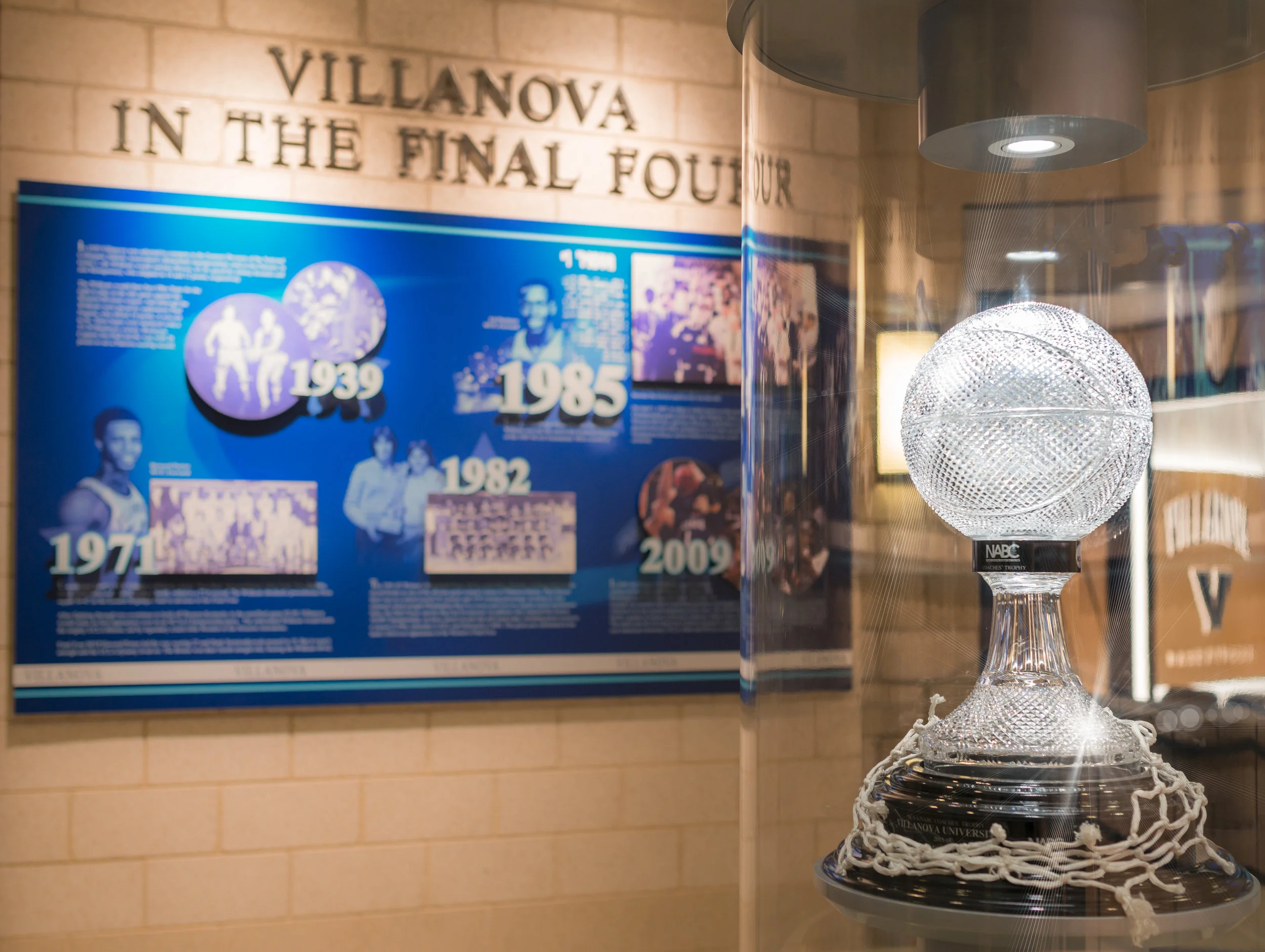 The National Association of Basketball Coaches trophy on display at Villanova University