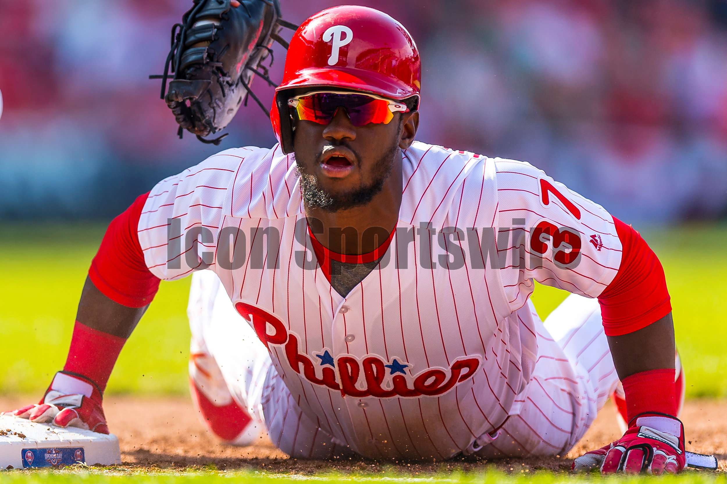  11 April 2016: Philadelphia Phillies center fielder Odubel Herrera (37) dives safely back to first during the MLB game between the Philadelphia Phillies and the San Diego Padres played at Citizens Bank Park in Philadelphia, PA. (Photo by Gavin Baker