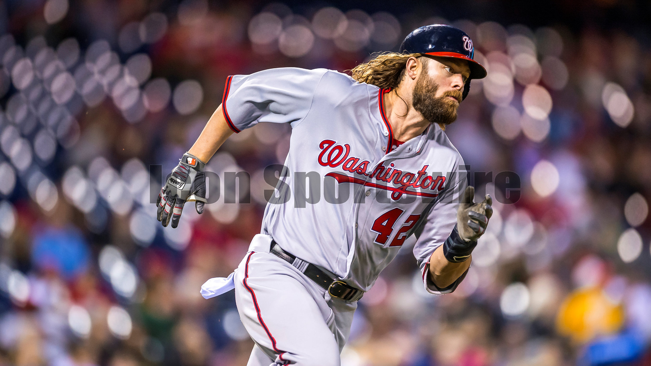  15 April 2016: Washington Nationals left fielder Jayson Werth &nbsp;sprints towards first on his way to picking up another double during the MLB game between the Philadelphia Phillies and the Washington Nationals played at Citizens Bank Park in Phil