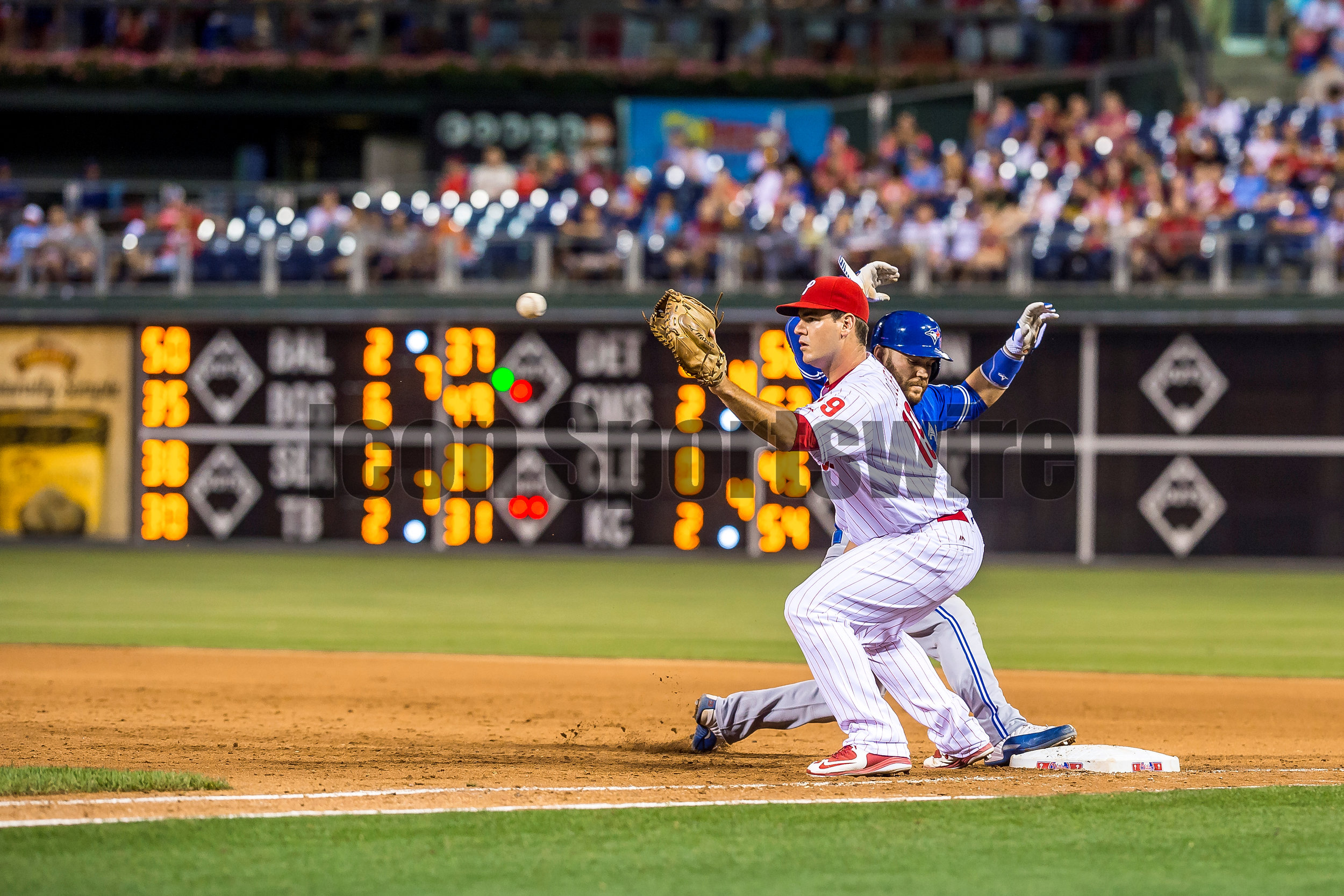  15 June 2016: Philadelphia Phillies first baseman Tommy Joseph (19) guards his runner during the Major League Baseball game between The Toronto Blue Jays and the Philadelphia Phillies played at Citizens Bank Park in Philadelphia, PA. (Photo by Gavin