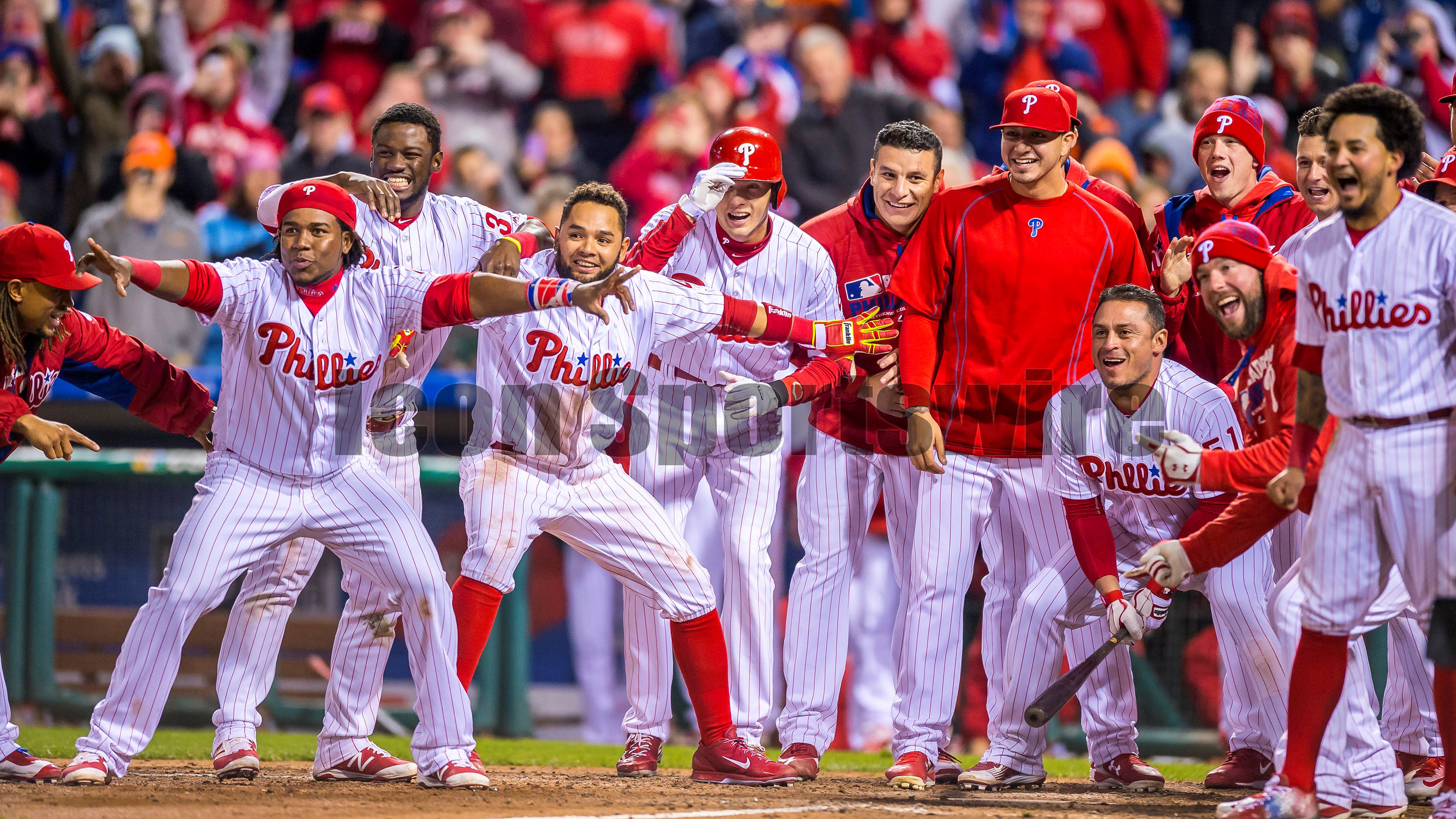  29 April 2016: Teammates wait for Philadelphia Phillies first baseman Ryan Howard (6) to round the basses ending the standoff in the 11th inning between &nbsp;the MLB game between the Philadelphia Phillies and the Cleveland Indians played at Citizen