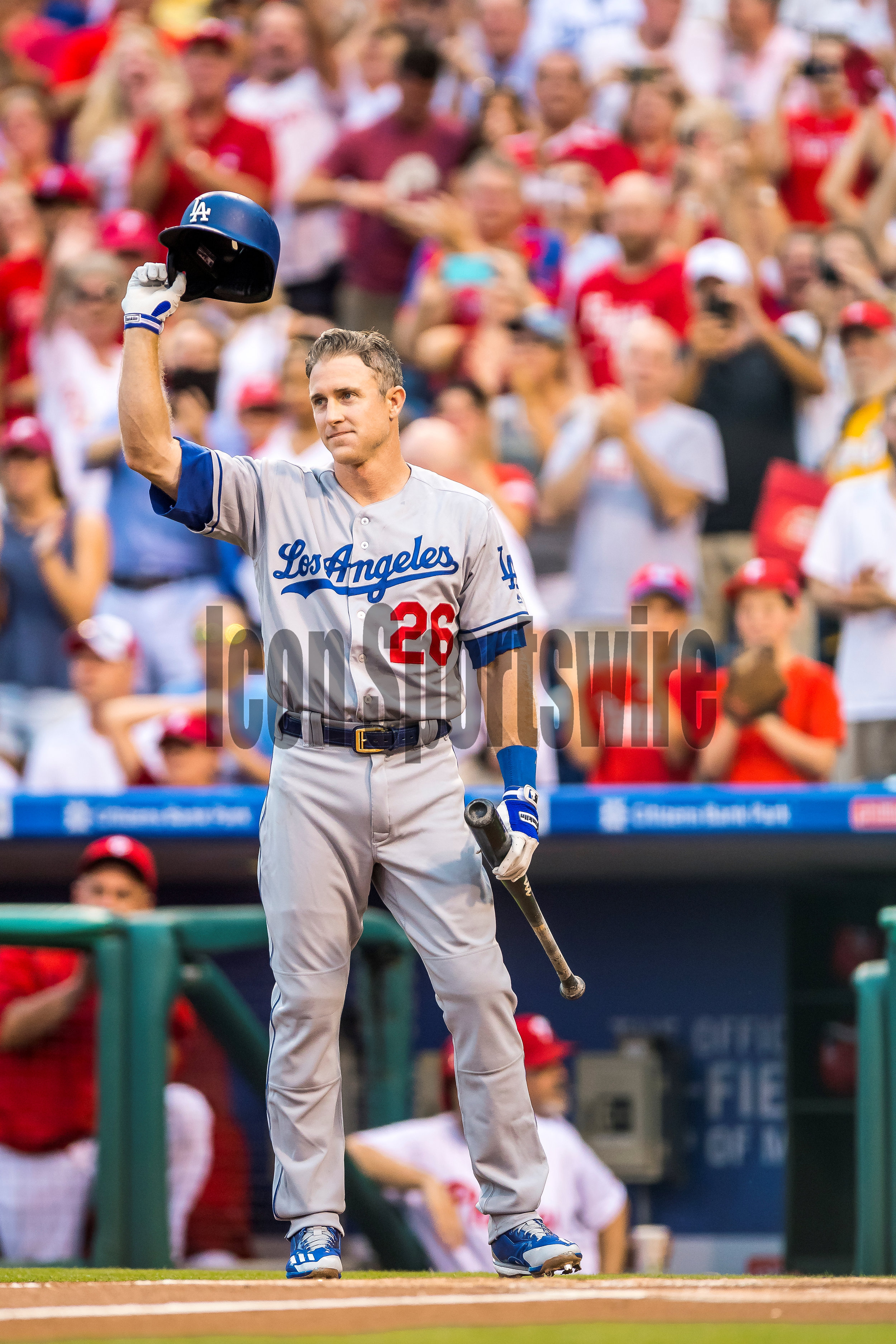  16 August 2016: Los Angeles Dodgers second baseman Chase Utley (26) acknowledges the cheers of the crowd for his return to Philadelphia before taking to the plate during the Major League Baseball game between The Los Angeles Dodgers and the Philadel