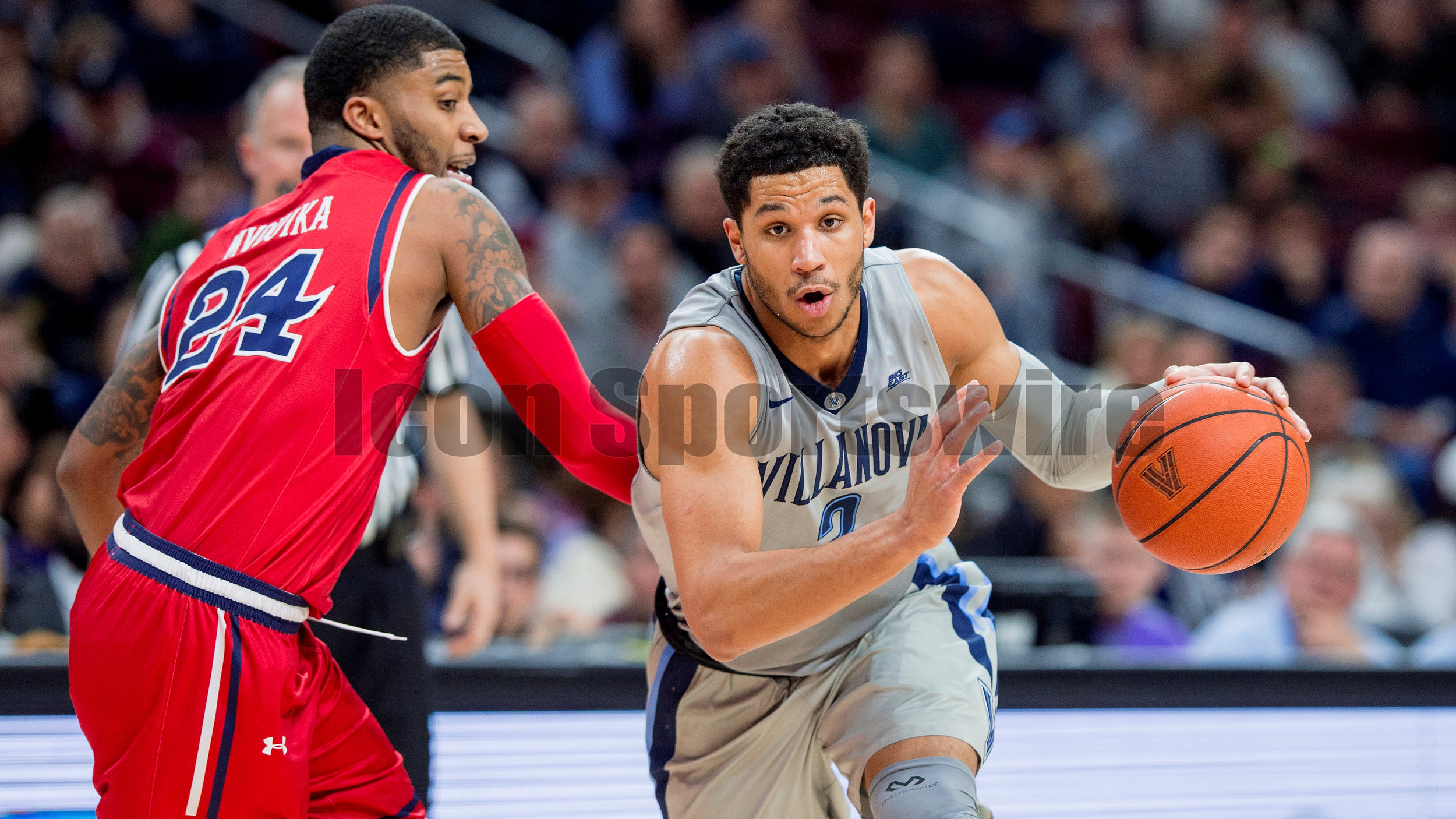  13 February 2016: Villanova Wildcats guard Josh Hart (3) in action charges into the lane during the NCAA basketball game between the St. John's Red Storm and the Villanova Wildcats played at the Wells Fargo Center in Philadelphia, PA. (Photo by Gavi