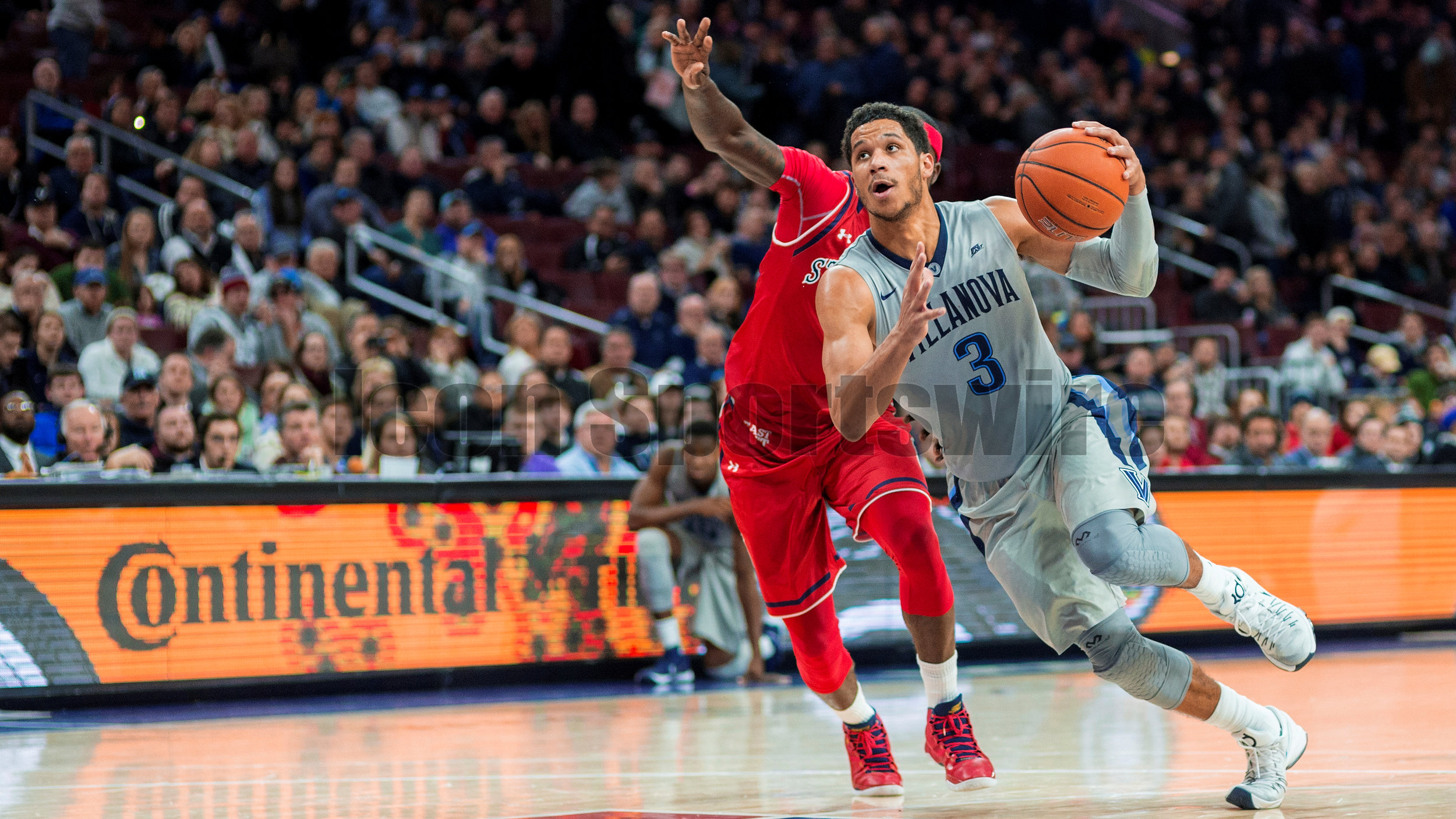  13 February 2016: Villanova Wildcats guard Josh Hart (3) in action charges into the lane during the NCAA basketball game between the St. John's Red Storm and the Villanova Wildcats played at the Wells Fargo Center in Philadelphia, PA. (Photo by Gavi