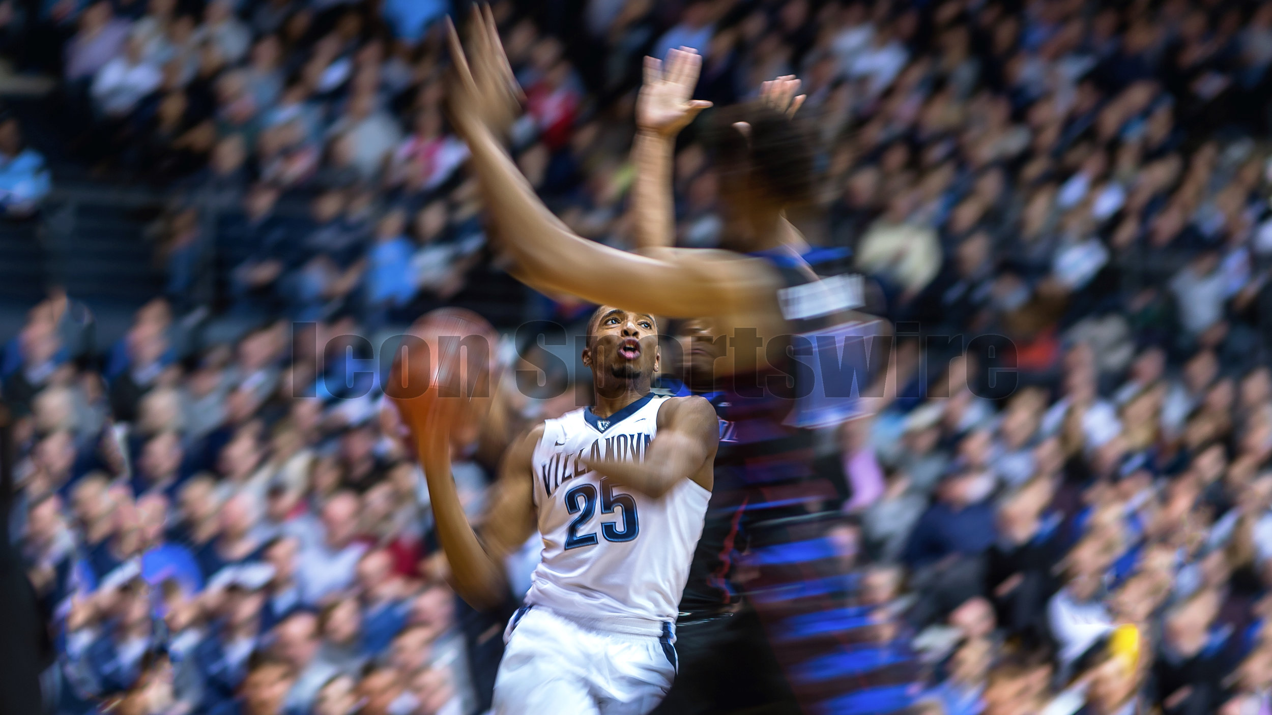  VILLANOVA, PA - DECEMBER 28: &nbsp;Villanova Wildcats guard Mikal Bridges (25) charges towards the net in a blur during the game between the Villanova Wildcats and the DePaul Blue Demons on December 28, 2016 at The Pavilion in Villanova PA.(Photo by