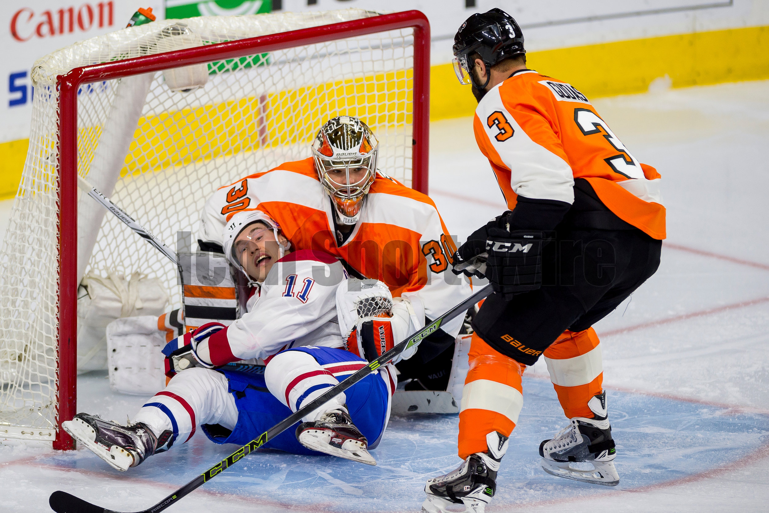  5 January 2016: Montreal Canadiens right wing Brendan Gallagher (11) falls into the Flyers net into Philadelphia Flyers goalie Michal Neuvirth (30) during the NHL hockey game between the Montreal Canadiens and the Philadelphia Flyers played at Wells