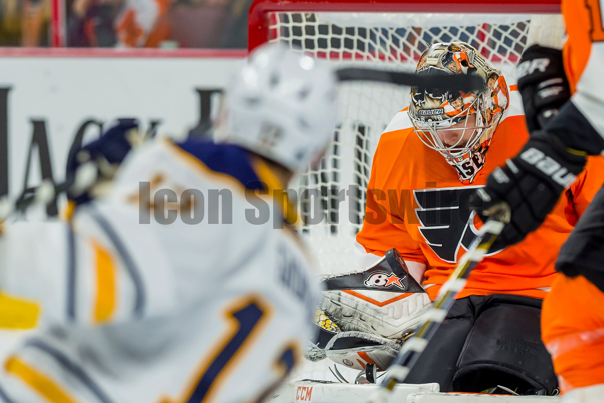  11 February 2016: Philadelphia Flyers goalie Steve Mason (35) makes the save as he blocks the shot fired from Buffalo Sabres right wing Brian Gionta (12) during the NHL game between the Buffalo Sabres and the Philadelphia Flyers played at the Wells 