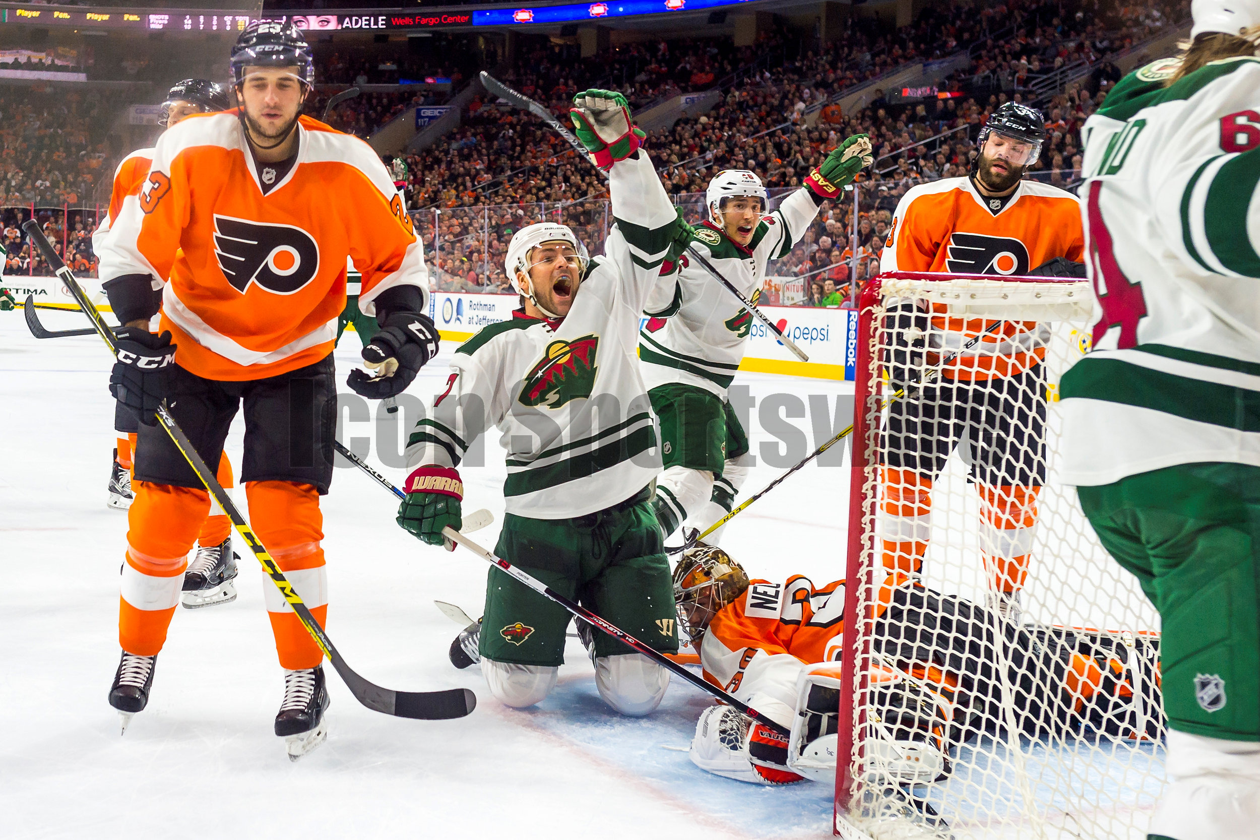  25 February 2016: Minnesota Wild left wing Chris Porter (7) celebrates the Wild's goal during the NHL game between the Minnesota Wild and the Philadelphia Flyers played at the Wells Fargo Center in Philadelphia, PA. (Photo by Gavin Baker/Icon Sports