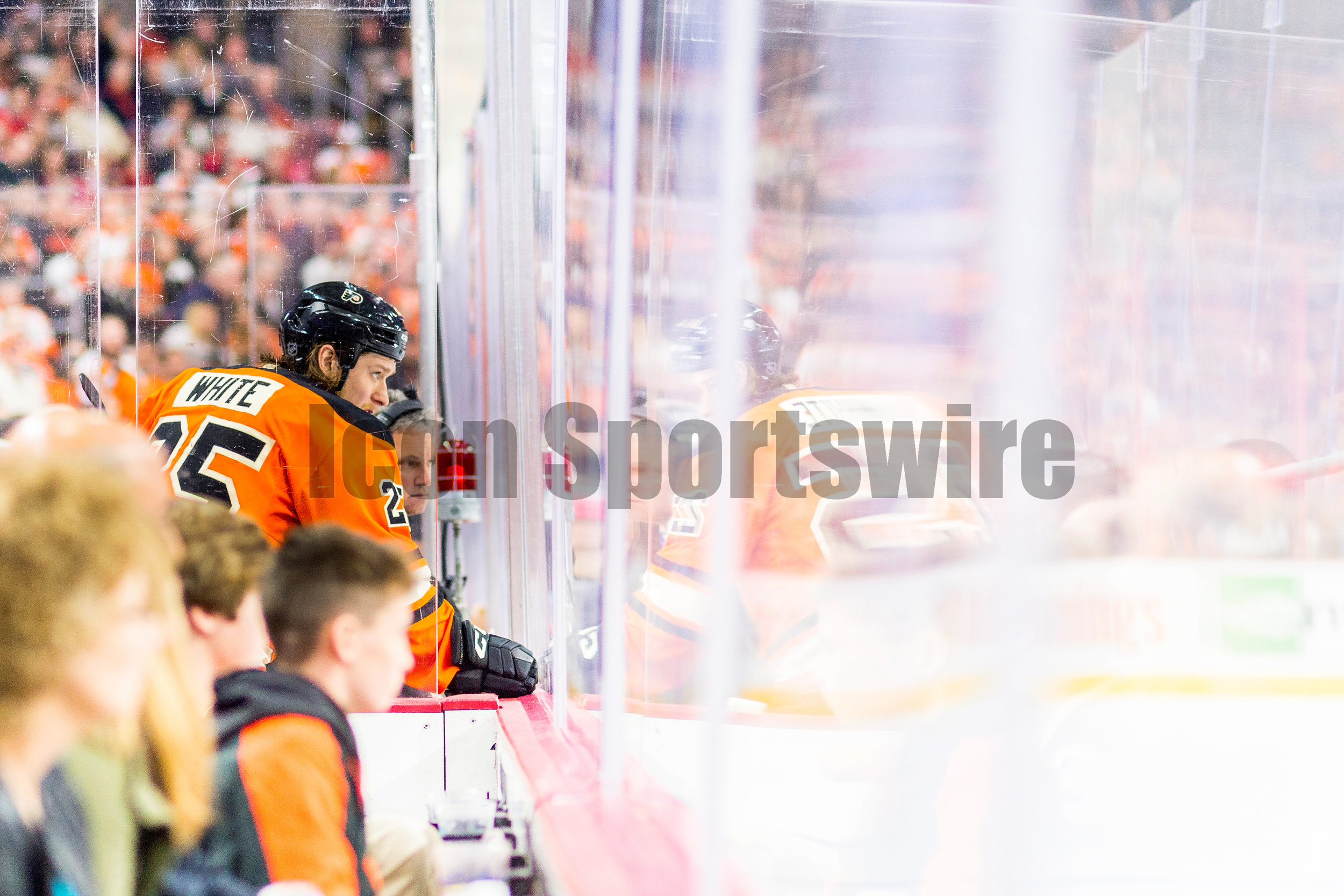  30 March 2016: Philadelphia Flyers center Ryan White (25) waits at the penalty box door to return to action during the NHL game between the Washington Capitals and the Philadelphia Flyers played at the Wells Fargo Center in Philadelphia, PA. (Photo 