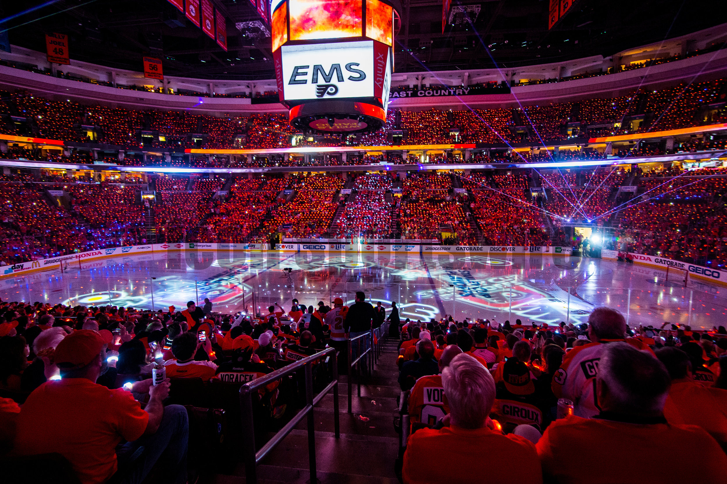  18 April 2016: Pre-game laser show before the NHL playoff game between the Philadelphia Flyers and the Washington Capitals played at the Wells Fargo Center in Philadelphia, PA. (Photo by Gavin Baker/Icon Sportswire) 